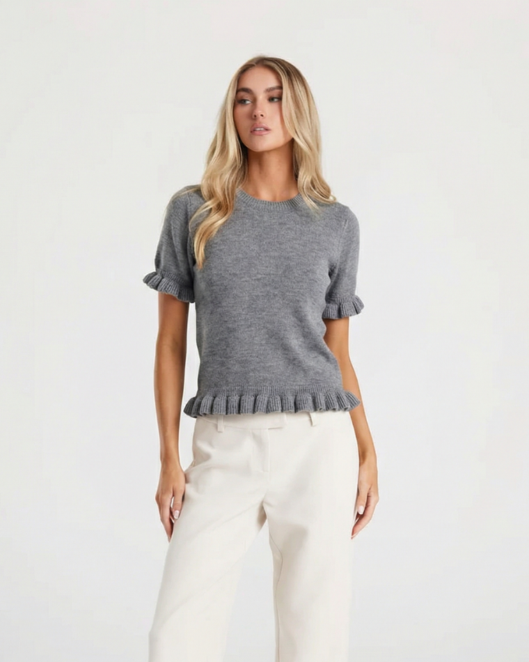Delilah | Ruffle Cuff Hem Crew Neck Lightweight Knit Top