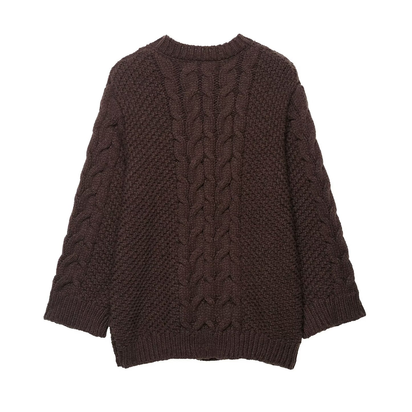 Alma | Knitted Sweater Cable Knit Brown Crew Neck