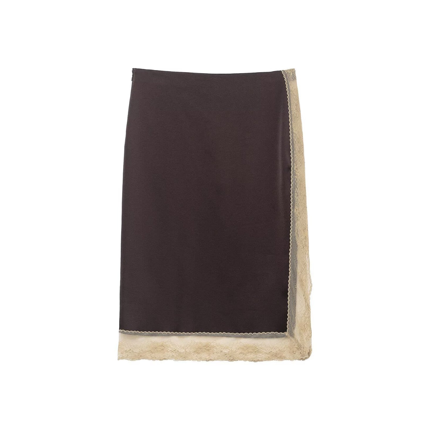 Sage | Lace Midi Skirt Brown Satin Slip Panel Hem