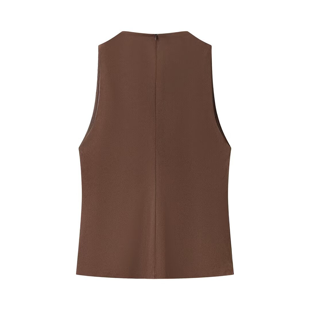 Viola | Vest Top Beige Sleeveless Fitted Suede