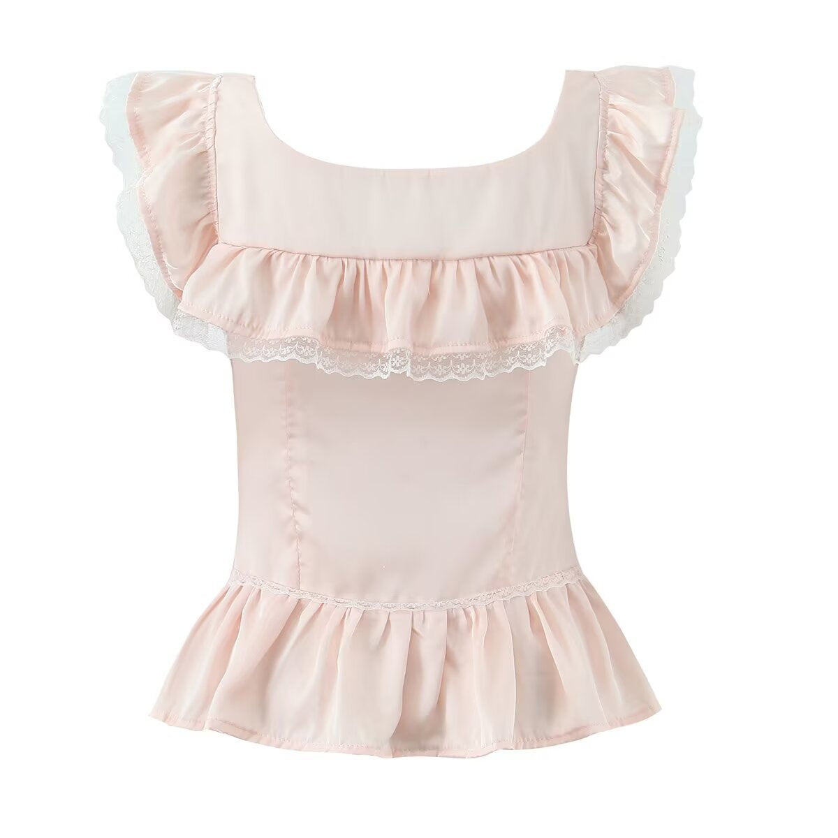 Liv | Summer Peplum Top White Square Neck Sleeveless Lace Ruffle