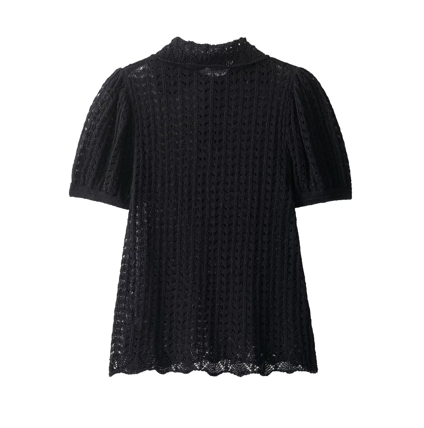 Amelia | Black Chic Crochet Knit Puff Sleeve Polo Top