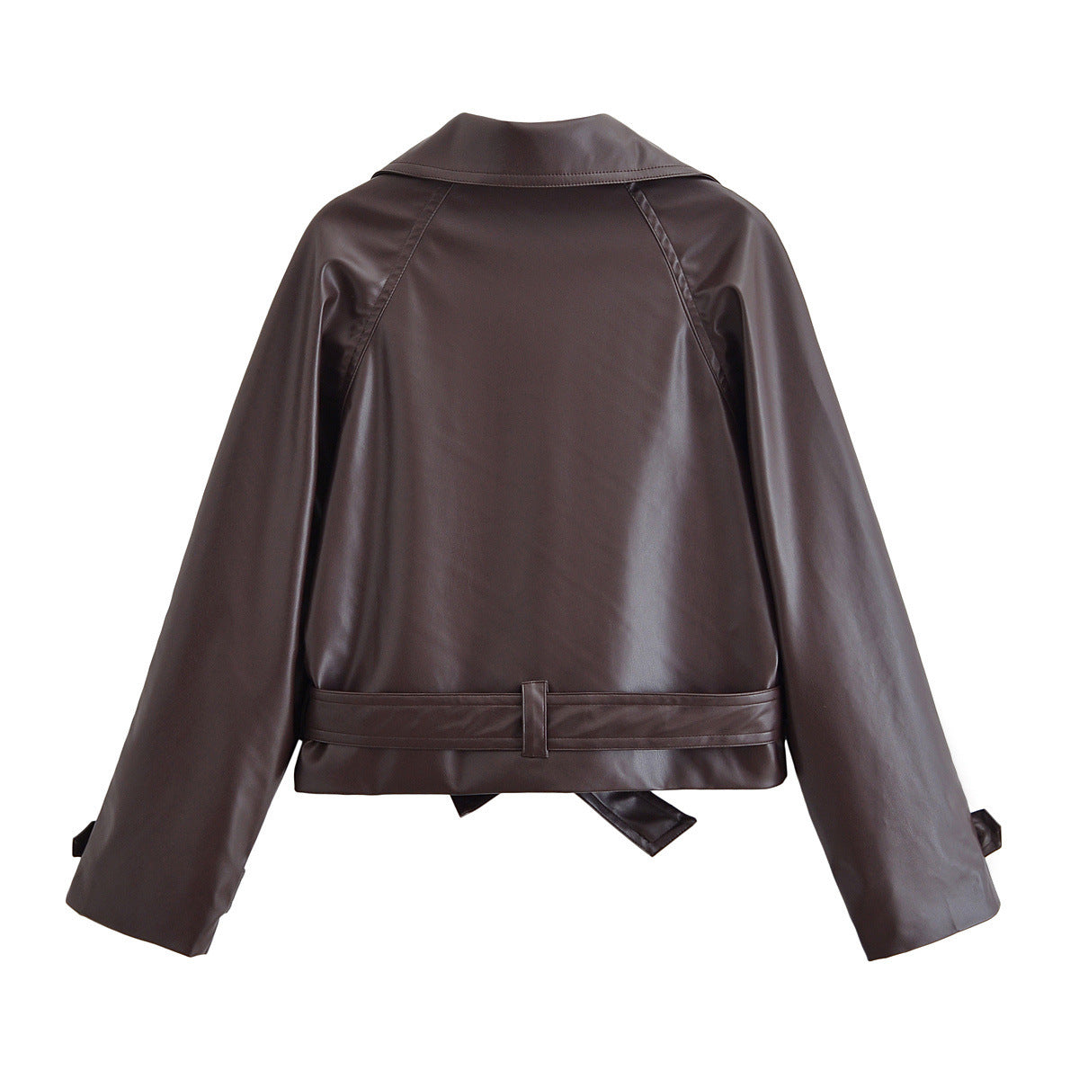 Nola | Cropped Leather Jacket Brown Double Breasted Belted