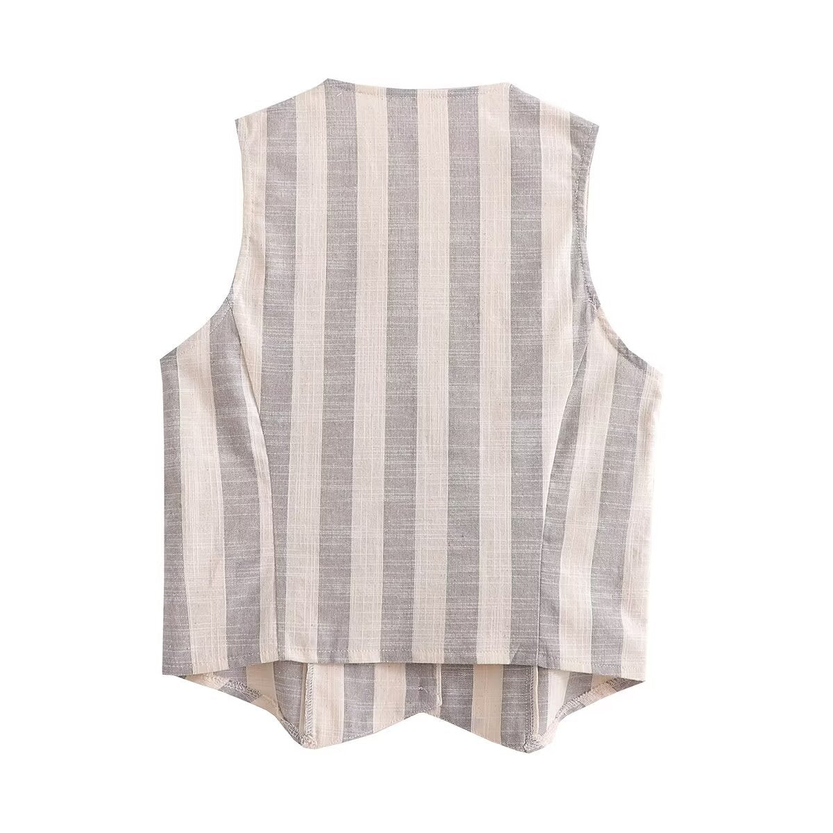 Gia | Striped Linen Waistcoat Beige Grey Button Front V Neck Sleeveless