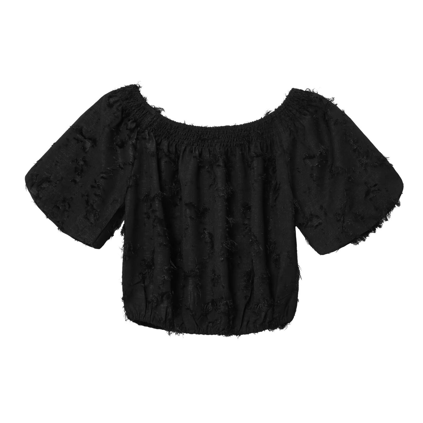 Nina | Off Shoulder Crop Top Black Textured Short Sleeve