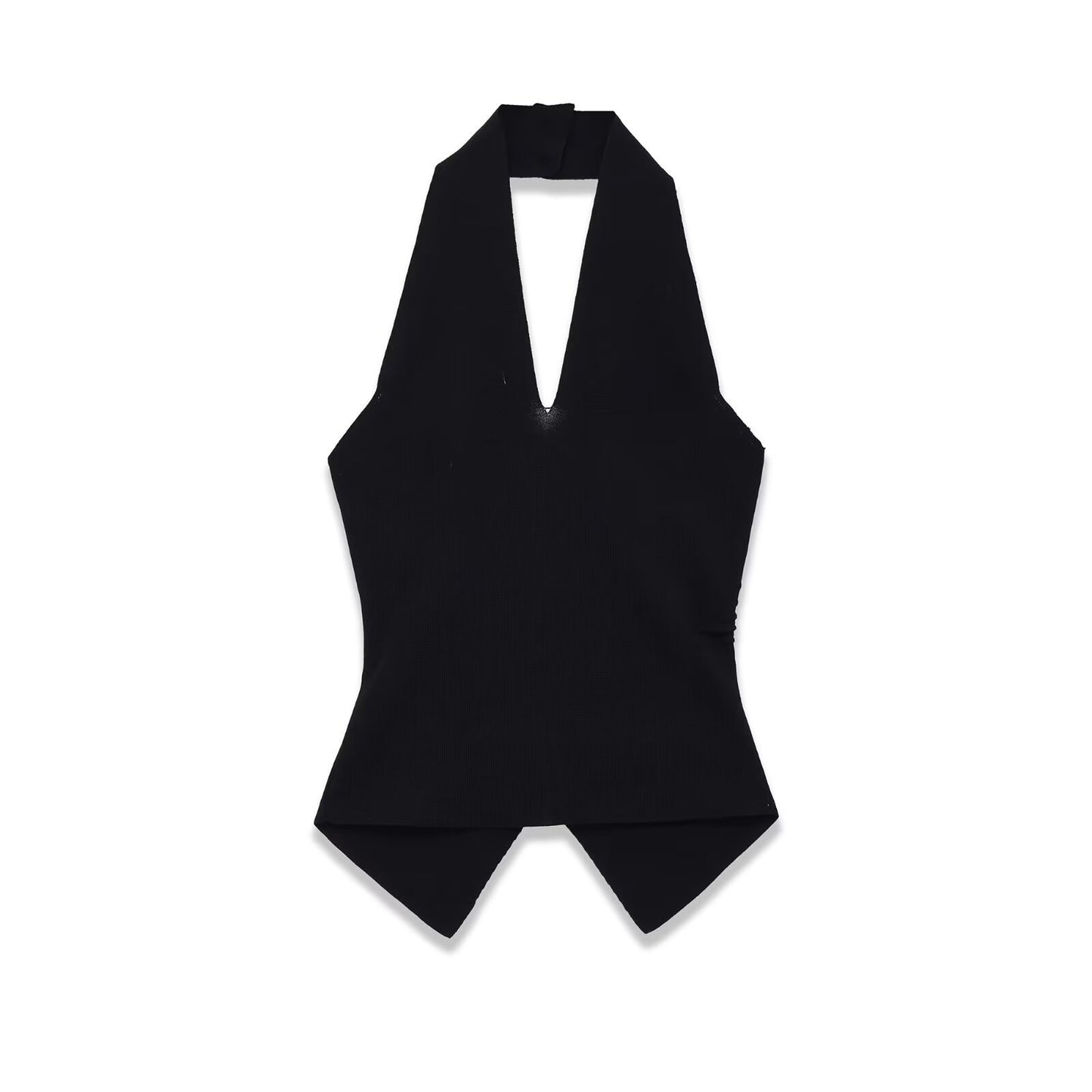 Viola | Elegant Halter Neck Top Black Ruched V Neck Cut Out