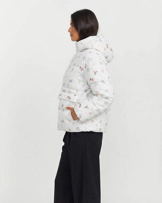 Nell | Winter Puffer Jacket White Printed Hooded Padded