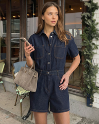 Abigail | Shirt Collar Button Front Twin Pocket Contrast Stitch Denim Romper in Dark Blue and Light Blue