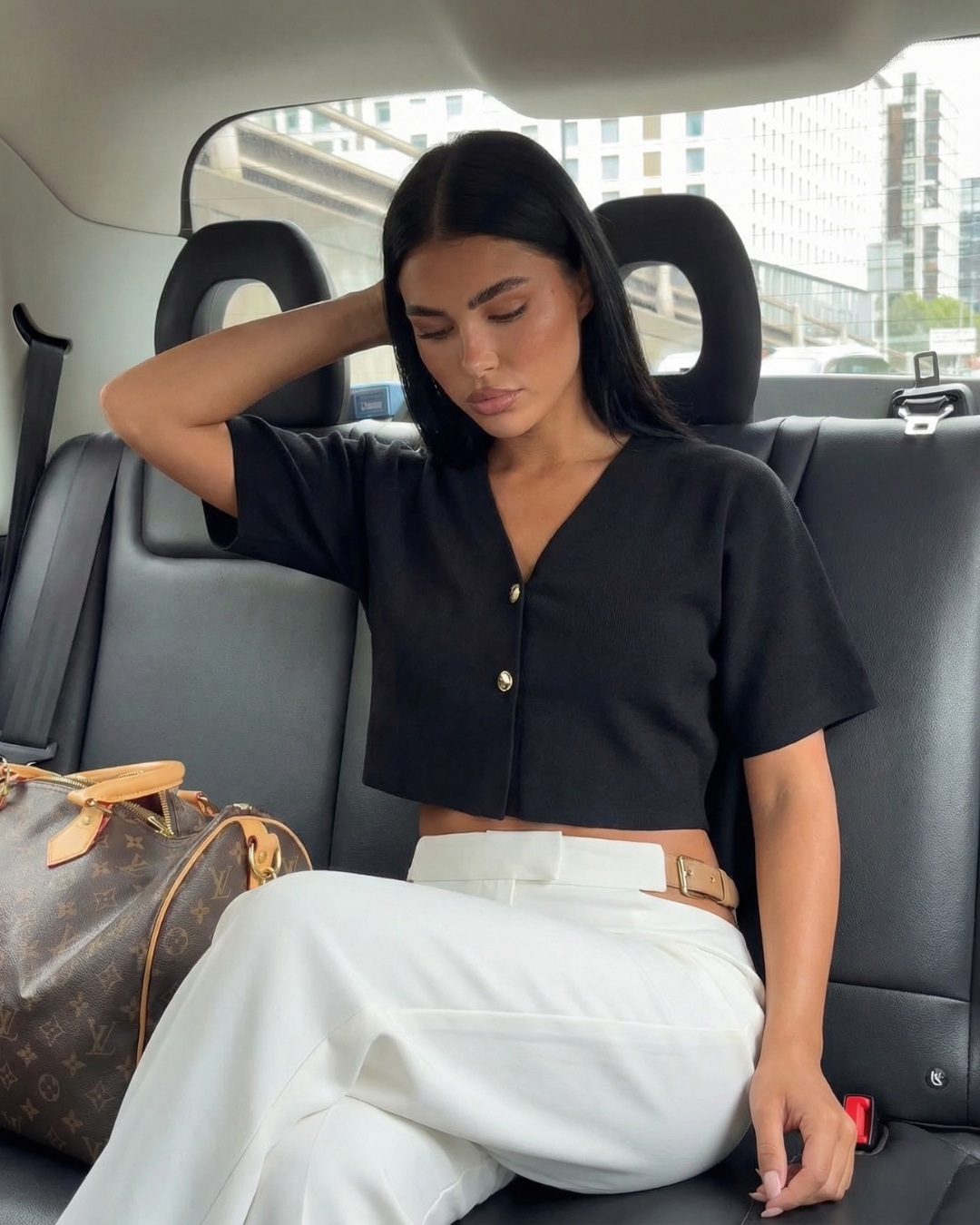 Penelope | V-Neck Gold Button Short Sleeve Relaxed Cropped Knit Top