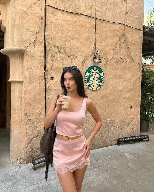 Paloma | Elegant Satin Mini Skirt Pink Lace Trim