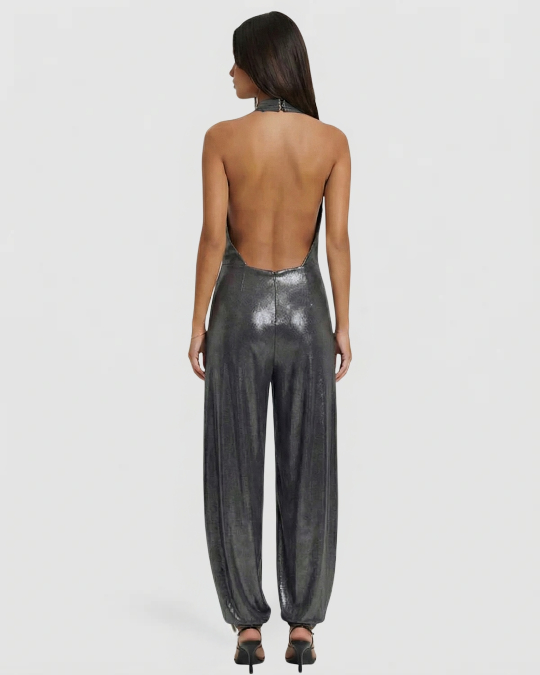 Ayla | High Halter Neck Cinched Waist Metallic Wide-Leg Jumpsuit in Black