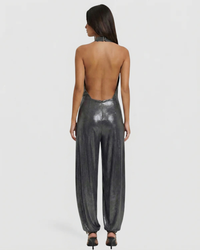 Ayla | High Halter Neck Cinched Waist Metallic Wide-Leg Jumpsuit in Black