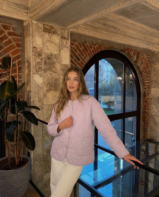 Maren | Quilted Jacket Pink Padded Collarless Button Up