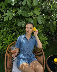 Alyssa | Collared Button Front Self-Tie Belt Short Sleeve Denim Shorts Romper in Blue
