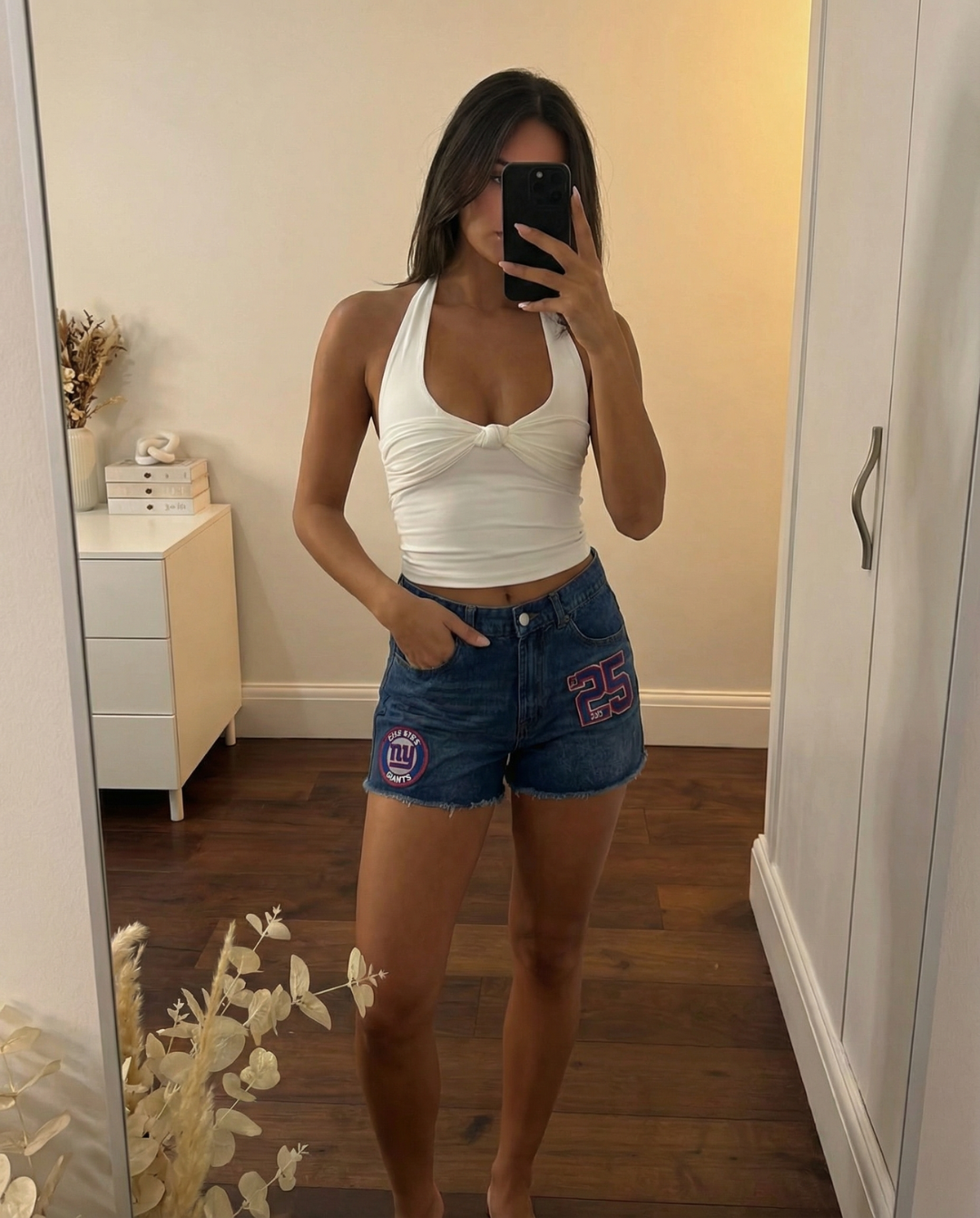 Ruby | Embroidered Patch Distressed Denim Shorts with Frayed Hem