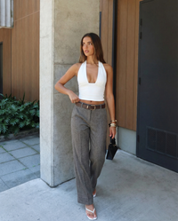 Sophia | Cuffed Hem Flat-Front Wide-Leg Tailored Trousers in Grey