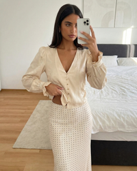 Alyssa | Puff Shoulder V-Neck Satin Blouse