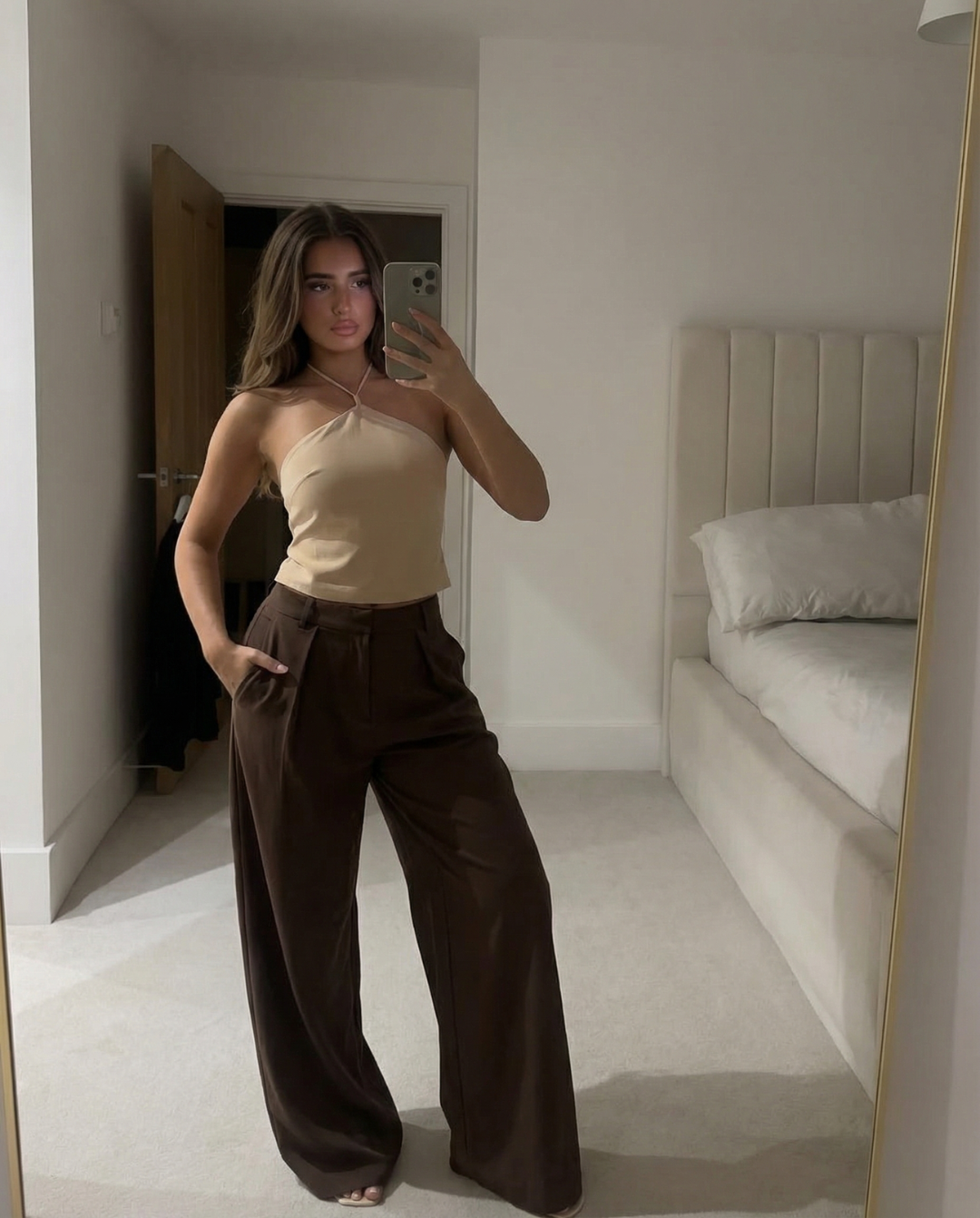 Yasmin | Tie-Front Double Pleat Wide-Leg Linen Trousers in Brown