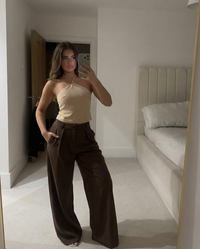 Yasmin | Tie-Front Double Pleat Wide-Leg Linen Trousers in Brown