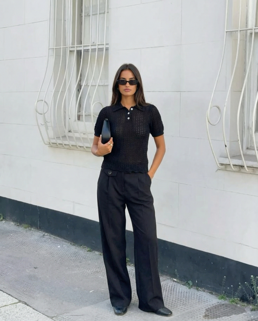 Amelia | Black Chic Crochet Knit Puff Sleeve Polo Top