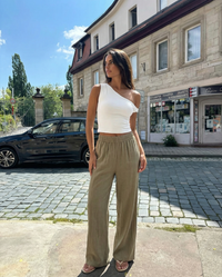 Julia | Elasticated Waist Side Pocket Wide-Leg Linen Trousers in Khaki, Red and Brown