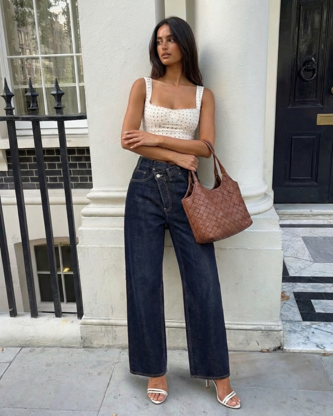 Vera | High Waisted Wide Leg Jeans Dark Wash Contrast Stitch
