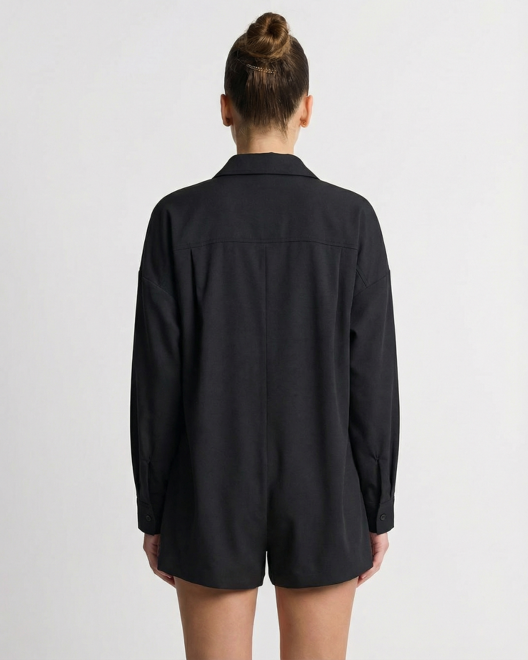 Bea | Casual Utility Button Romper Black Long Sleeve