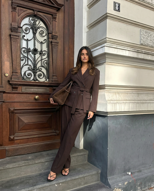 Lyra | Elegant Trouser Suit Dark Brown Belted