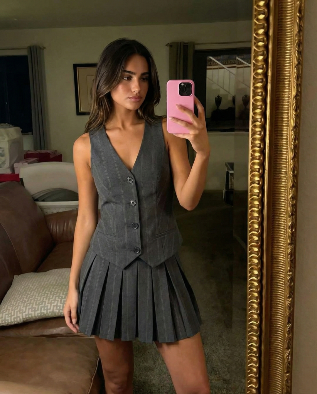 Rebecca | Pinstripe V-Neck Waistcoat and Pleated Mini Skirt Matching Set