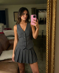 Rebecca | Pinstripe V-Neck Waistcoat and Pleated Mini Skirt Matching Set