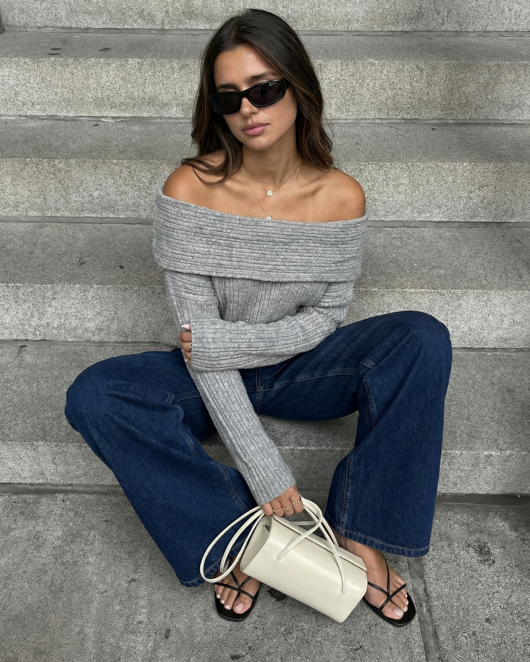 Ada | Off Shoulder Knitted Top Grey Long Sleeve Ribbed