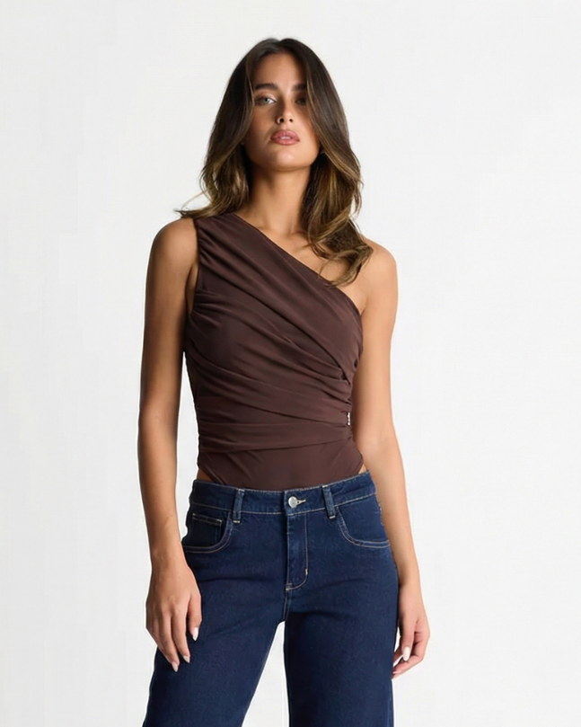 Lara | One-Shoulder Ruched Top in Black, Brown & Blue