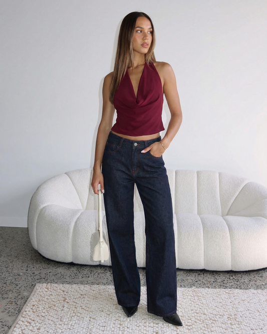 Aria | Wide Leg Jeans Black High Waisted Contrast Stitch