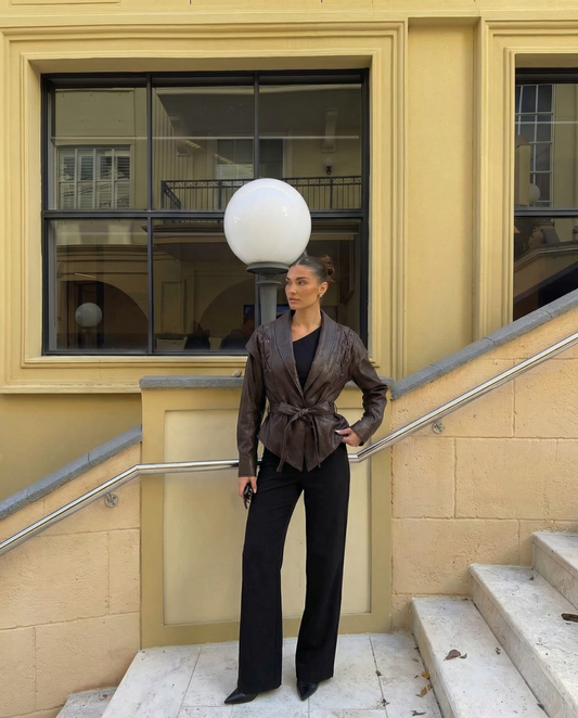 Camille | Leather Jacket Brown Belted Shawl Collar Fitted