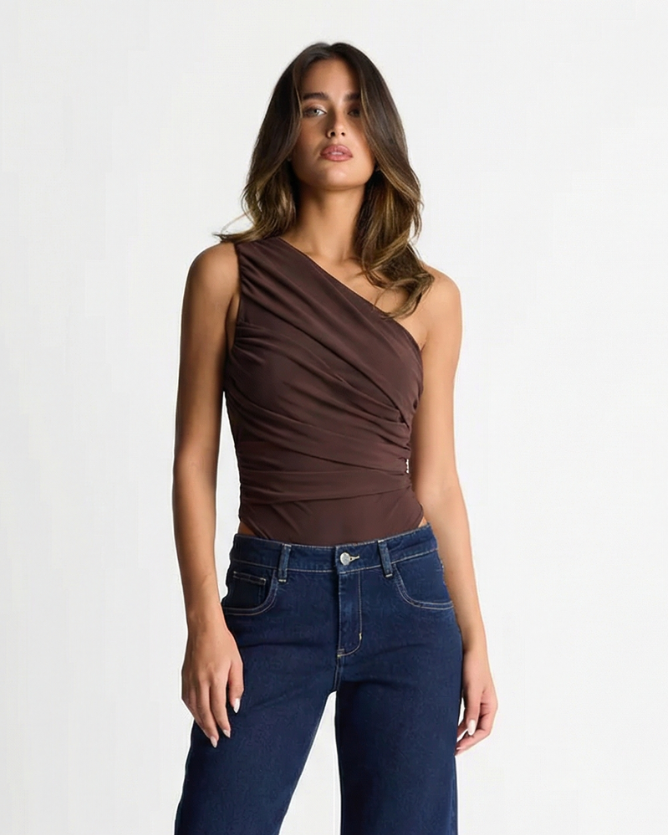 Blythe | One Shoulder Asymmetric Drape Sculpting Fitted Jersey Top in Grey Blue, Brown and Black