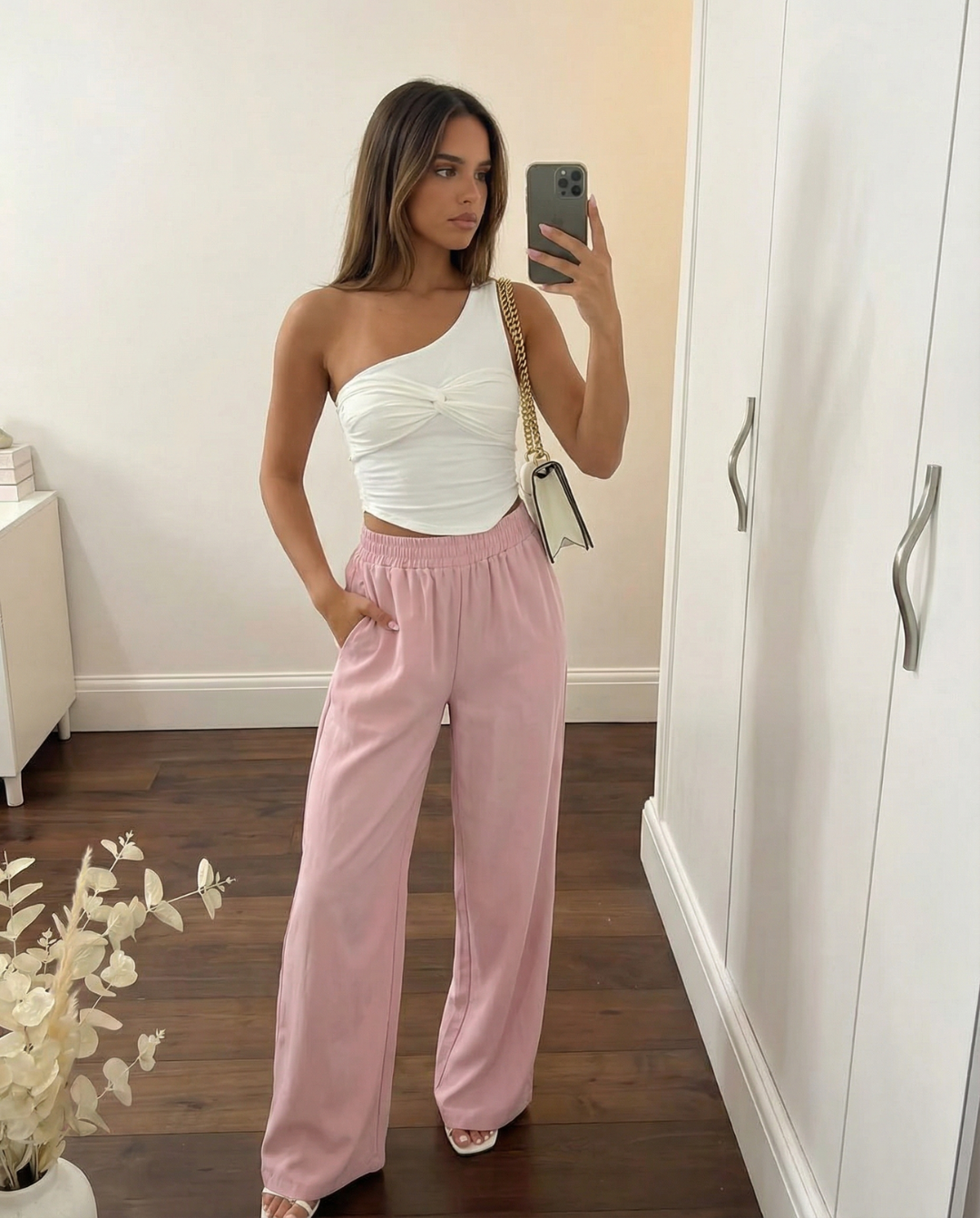 Esther | Elasticated Waist Side Pocket Wide-Leg Jersey Trousers in Pink and Yellow