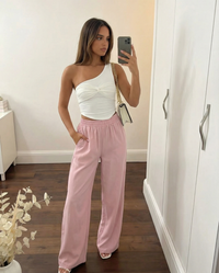 Esther | Elasticated Waist Side Pocket Wide-Leg Jersey Trousers in Pink and Yellow