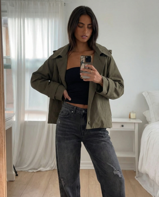 Bea | Casual Cropped Hooded Button Up Jacket Khaki Oversized