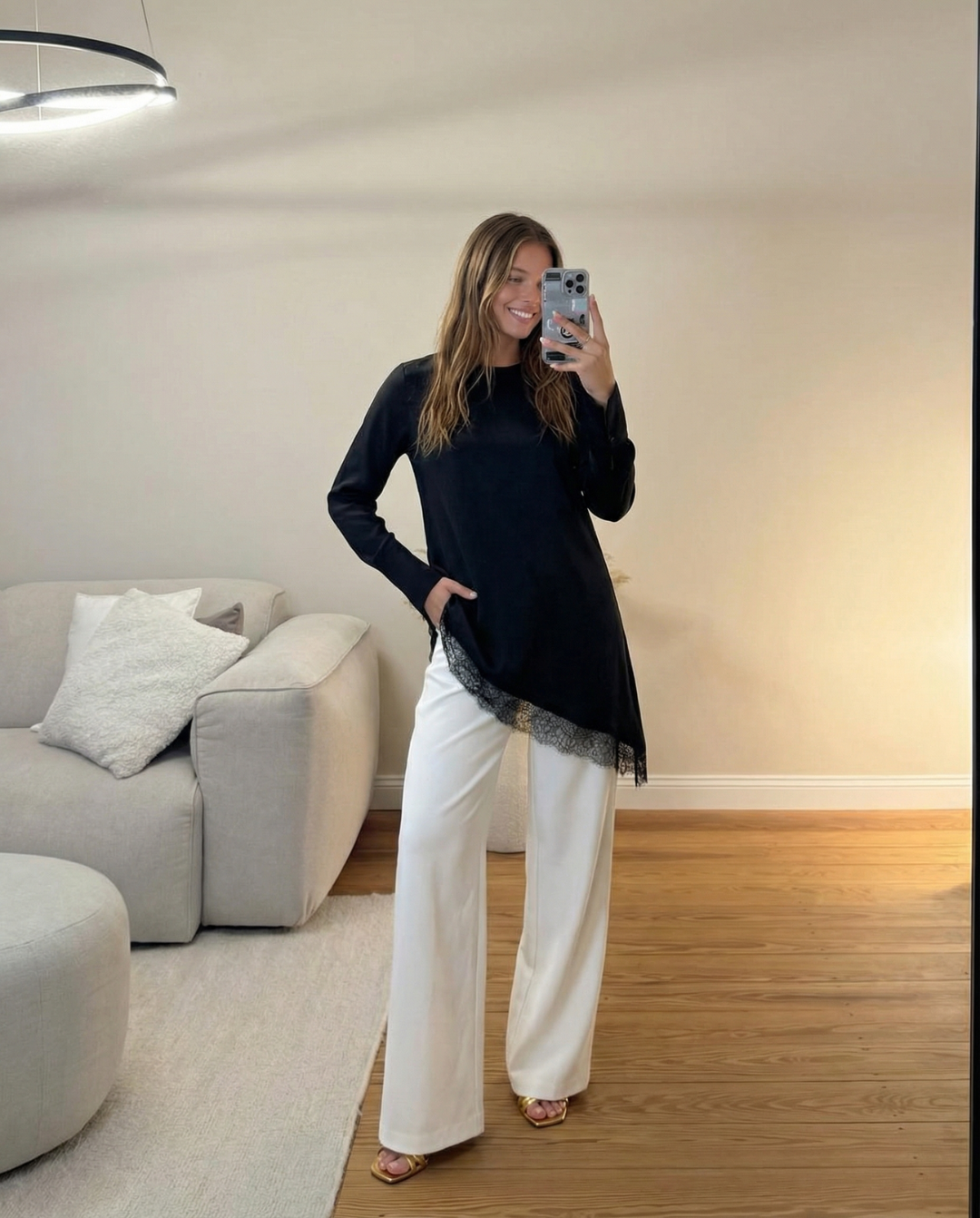 Lydia | Black Satin Lace Trim Tunic Top