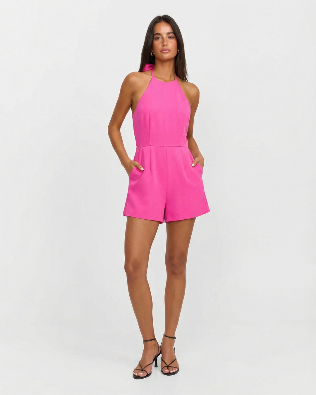 Rose | Halter Neck Pleated Shorts Romper in Pink