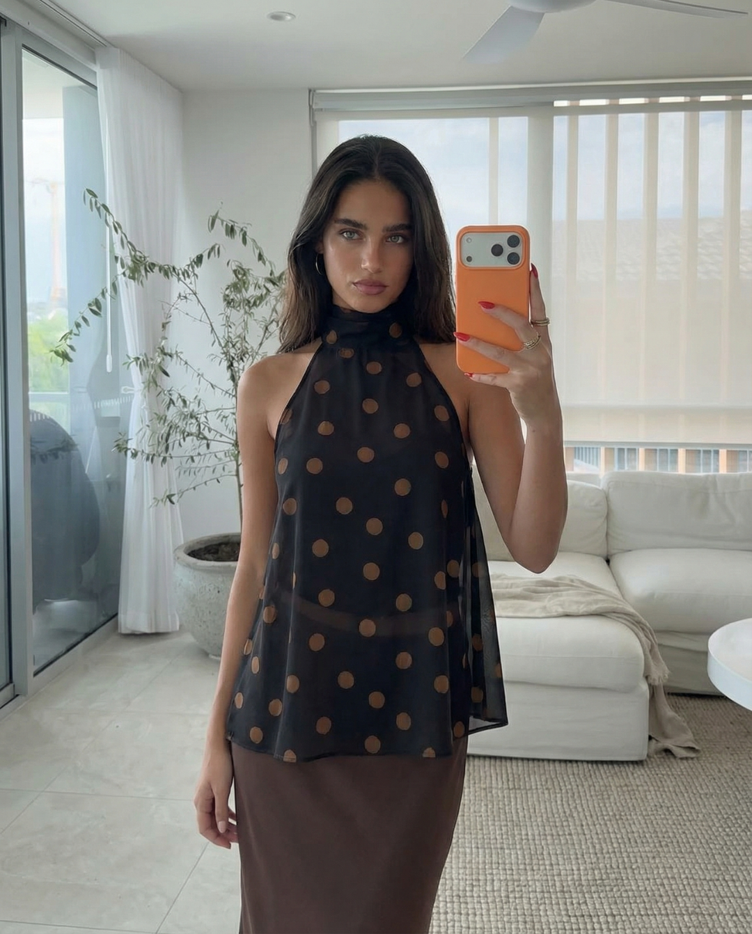 Camille | Halter Neck Top Brown Black Polka Dot Sleeveless Sheer
