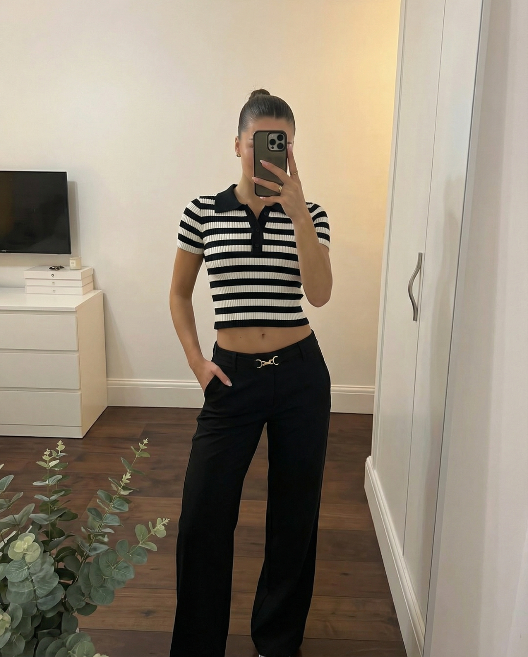 Phoebe | Striped Ribbed Knit Polo Crop Top