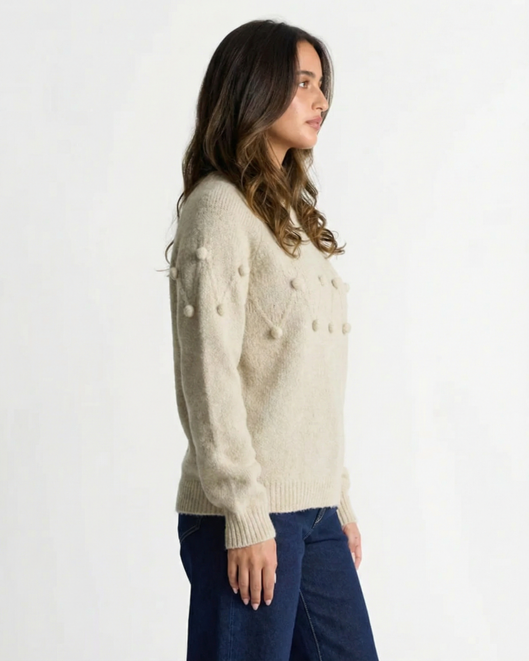 Nola | Pom Pom Knit Sweater Cream Crew Neck