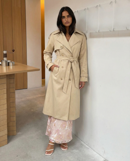 Hana | Elegant Belted Trench Coat Cream Long