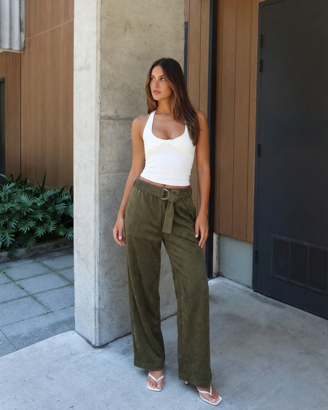 Summer | D-Ring Belt Soft Brushed Wide-Leg Trousers in Khaki