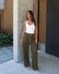 Summer | D-Ring Belt Soft Brushed Wide-Leg Trousers in Khaki