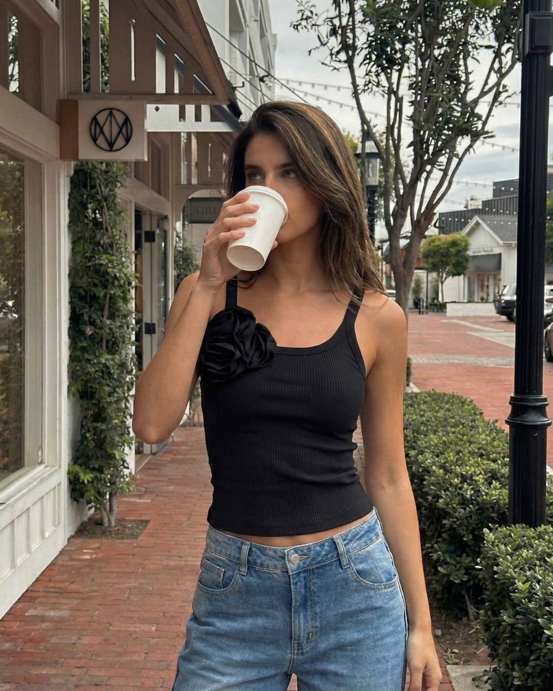Eloise | Fabric Rose Ribbed Knit Scoop Neck Tank Top