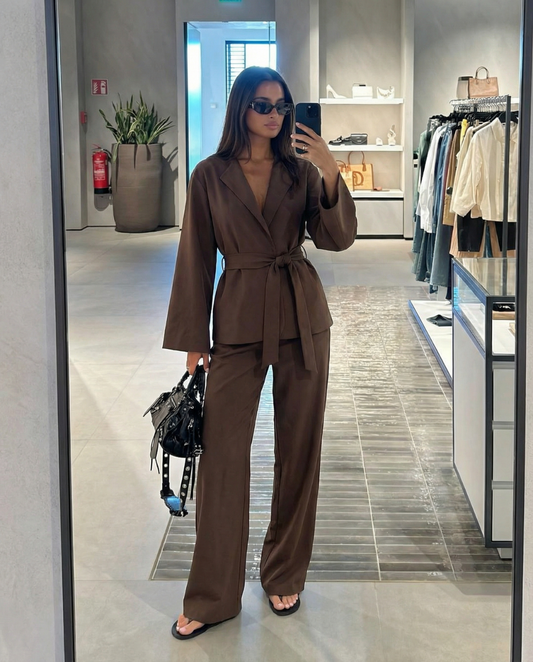 Zara | Elegant Brown Suit Tie Waist