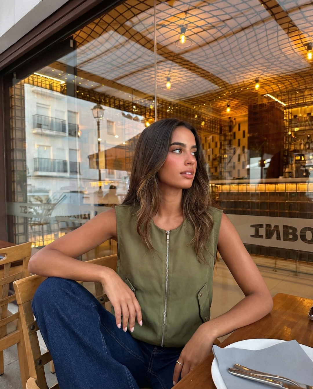 Thea | Utility Zip Vest Olive Green Sleeveless