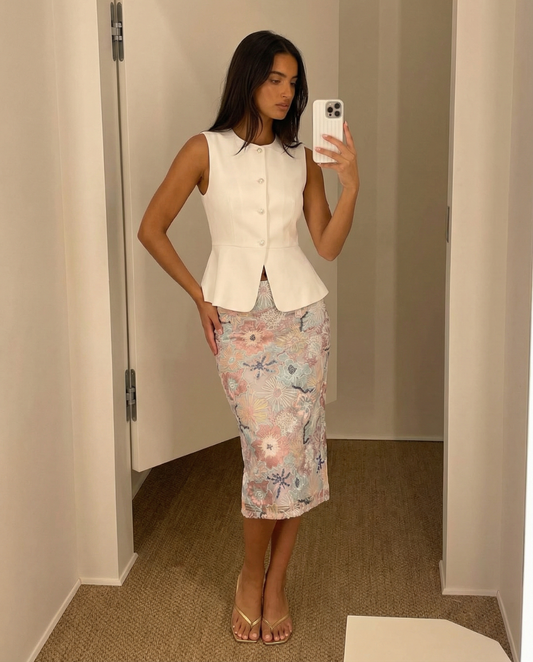 Ines | Smart Casual Peplum Top White Sleeveless Fitted Crew Neck